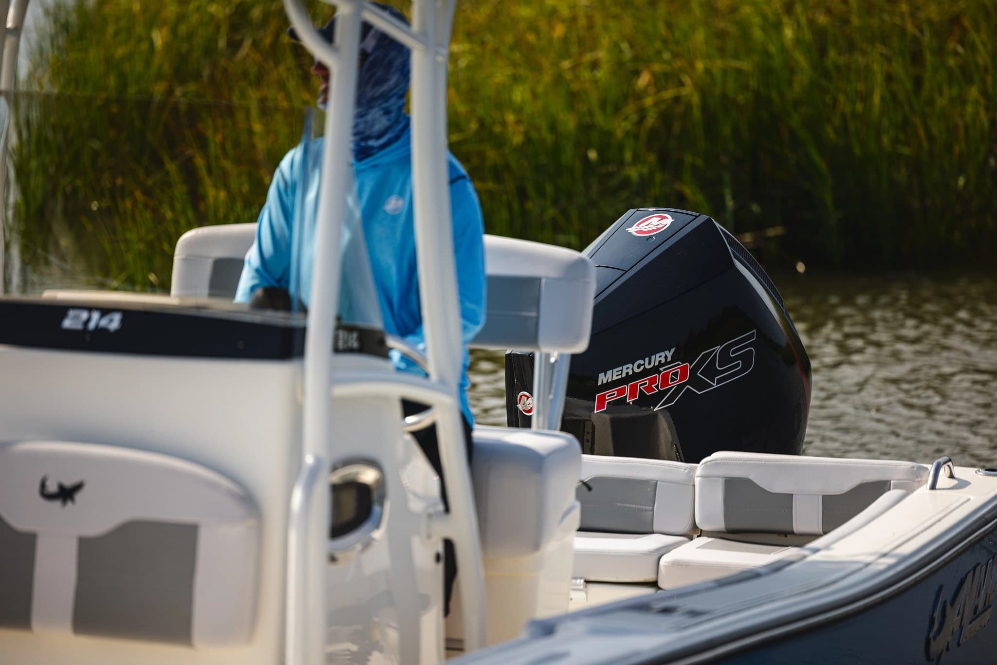 New Mercury outboards lined up at the dealership